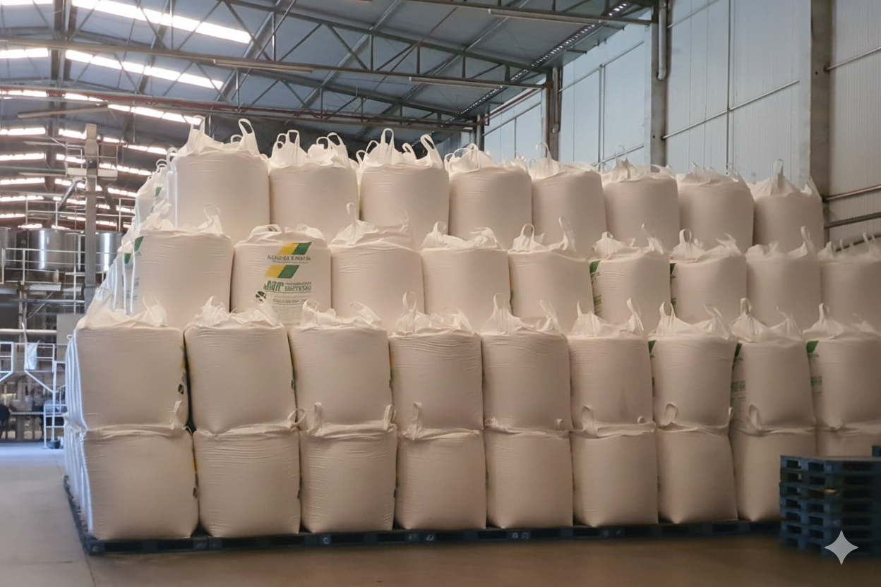 Big bags de açúcar em armazém